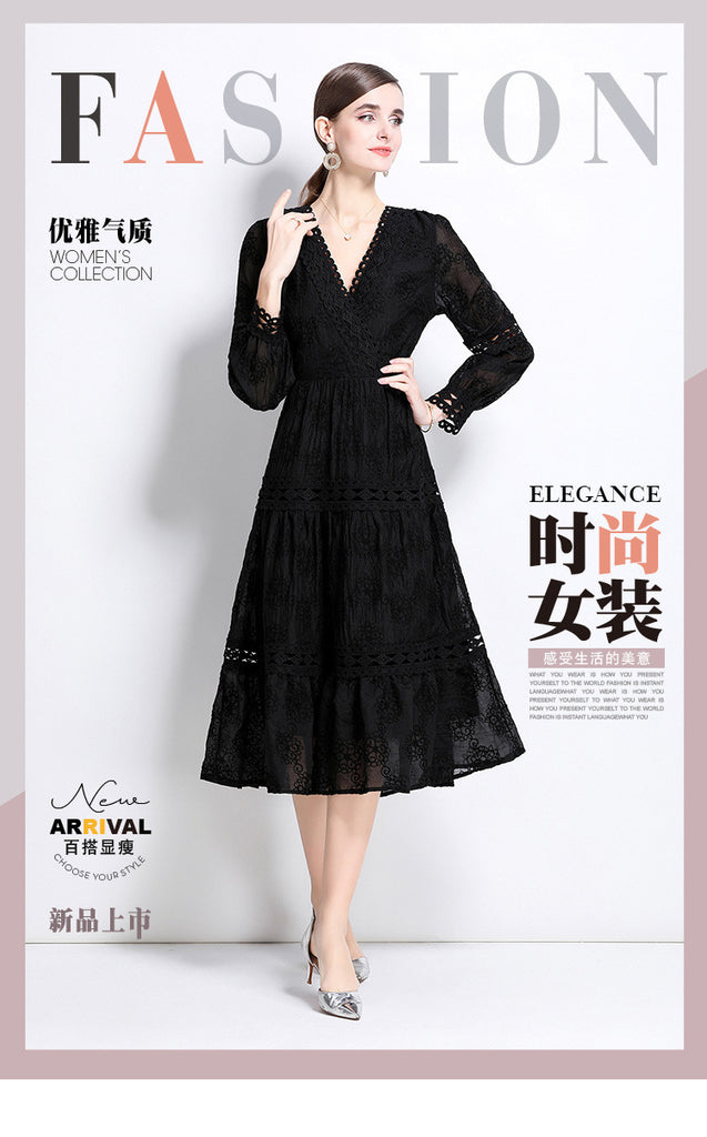 court retro dress women's high-end V-neck hollow lace splicing lantern sleeve waist age-reducing dress