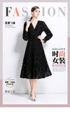 court retro dress women's high-end V-neck hollow lace splicing lantern sleeve waist age-reducing dress