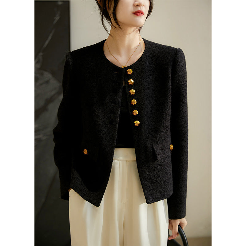 2025 Heavy black gold buckle wool small fragrance short coat texture sense advanced sense spring and autumn  spring women's clothing short