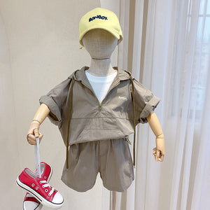 Free Shipping Boys Summer Suit New Short Sleeve Korean Style Children's Baby Comfortable Western Style Hooded Two-Piece Set