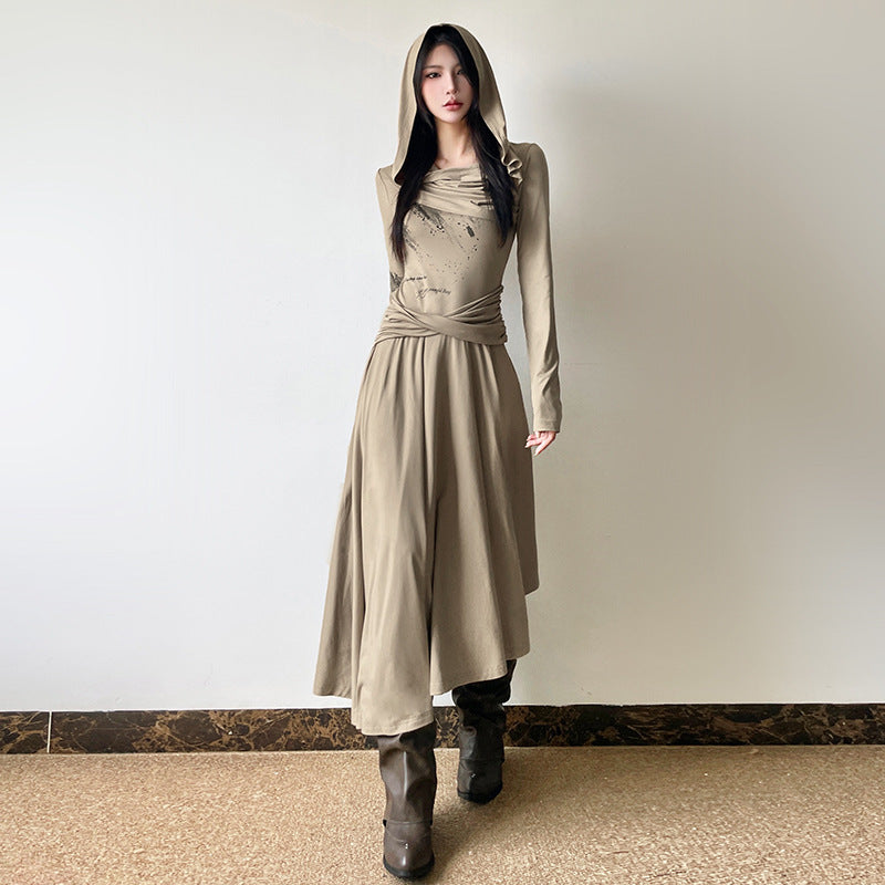 2025 style popular autumn new women's clothing fashion commuter belt decorative ruffle edge hooded dress