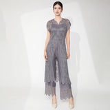 2025 Fashion suit women's high-end summer thin lace hollow blouse top straight pants middle-aged pleated two-piece set