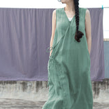 Shan Qian Nianyi, a new design ramie yarn clear retro diagonal placket lace-up vest dress