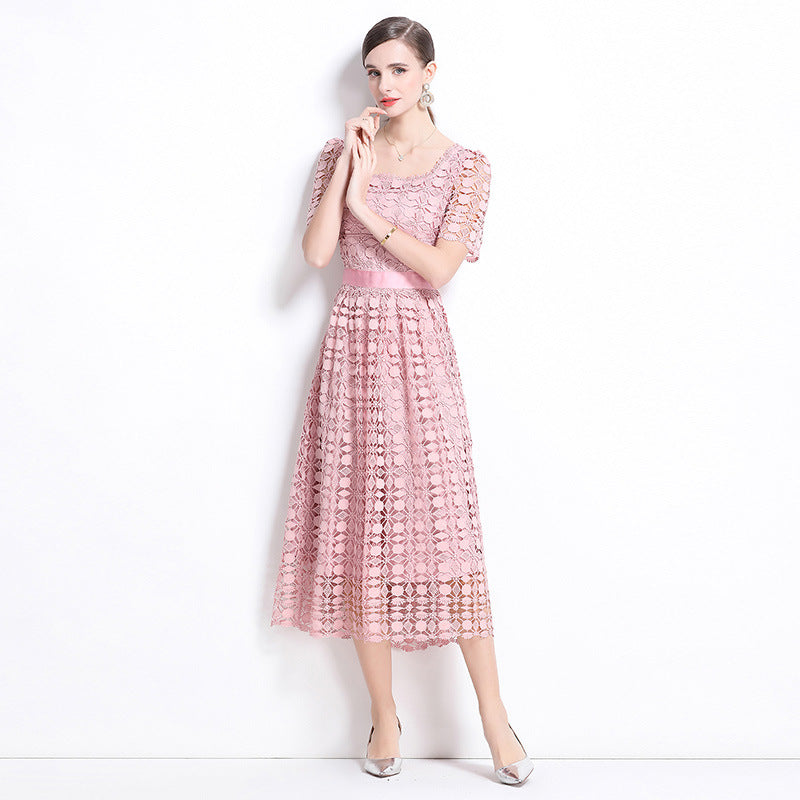 Summer  Retro Premium Sense Water Soluble Lace Sexy Square Neck Bubble Sleeve Waist Dress Slim Fit Long Dress