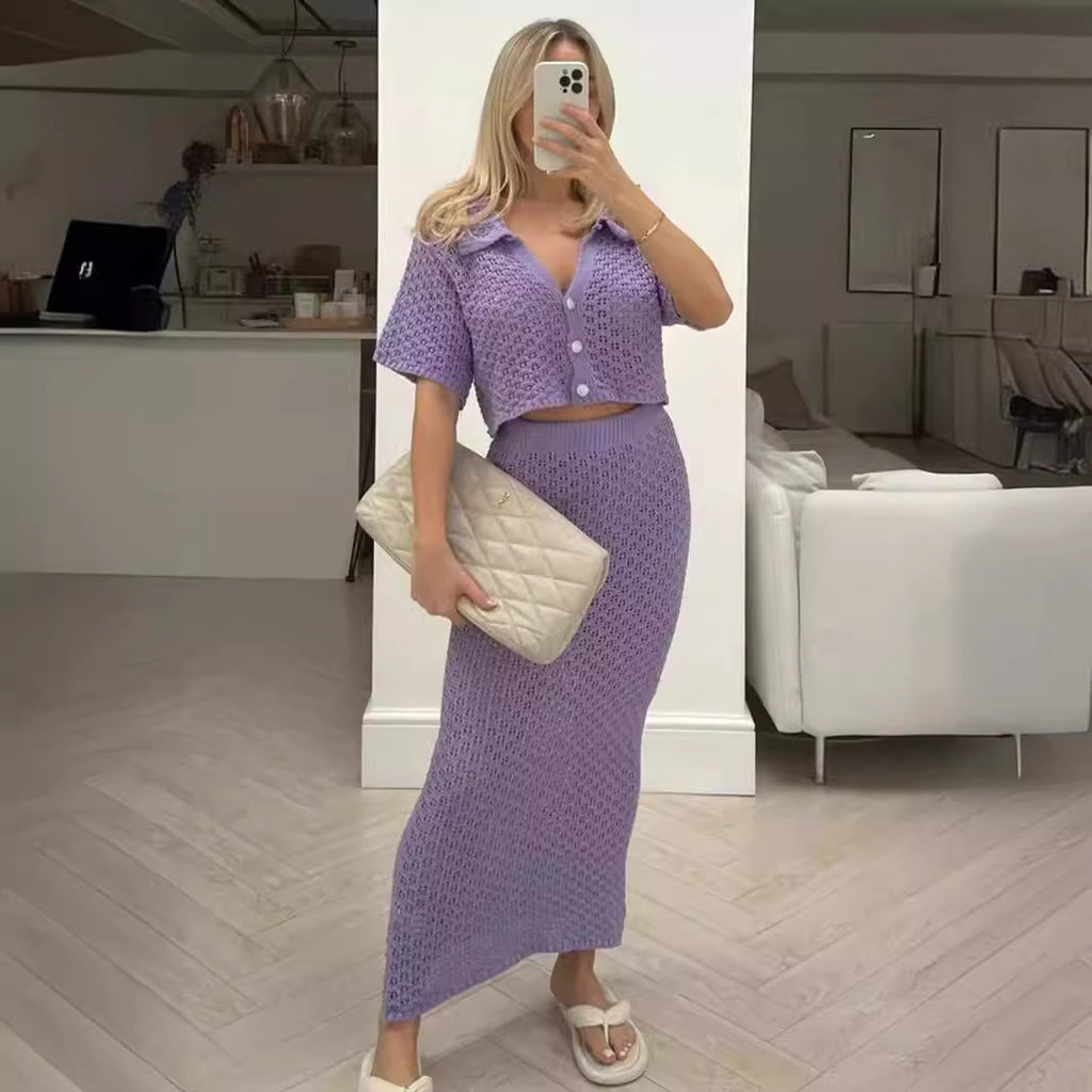 GOOSUDU 2025 Knitted crochet suit skirt multi-color cardigan button-up skirt versatile suit