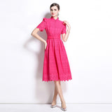 retro niche stand-up collar ruffle edge splicing waist hollow embroidery short-sleeved dress women's summer