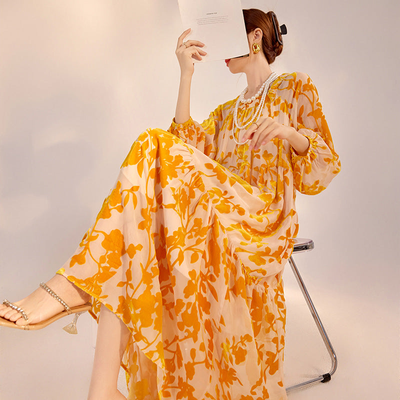 High-end new Chinese fashion lantern sleeves square neck fairy skirt spring and summer heavy industry burning mulberry silk dress N3052