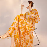 High-end new Chinese fashion lantern sleeves square neck fairy skirt spring and summer heavy industry burning mulberry silk dress N3052