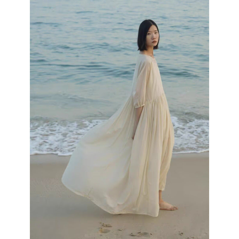 spring and summer new solid color simple fat MM loose large size thin dress medium and long women's five-quarter sleeve women's dress