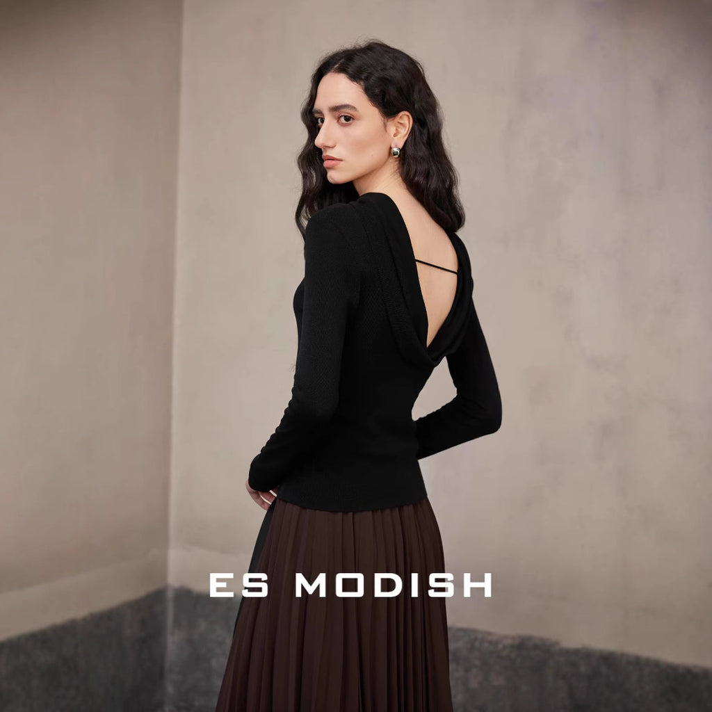 2025 ES MODISH spring new product girls must-have artifact slim and thin pile collar backless Tencel knitted sweater