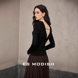 2025 ES MODISH spring new product girls must-have artifact slim and thin pile collar backless Tencel knitted sweater