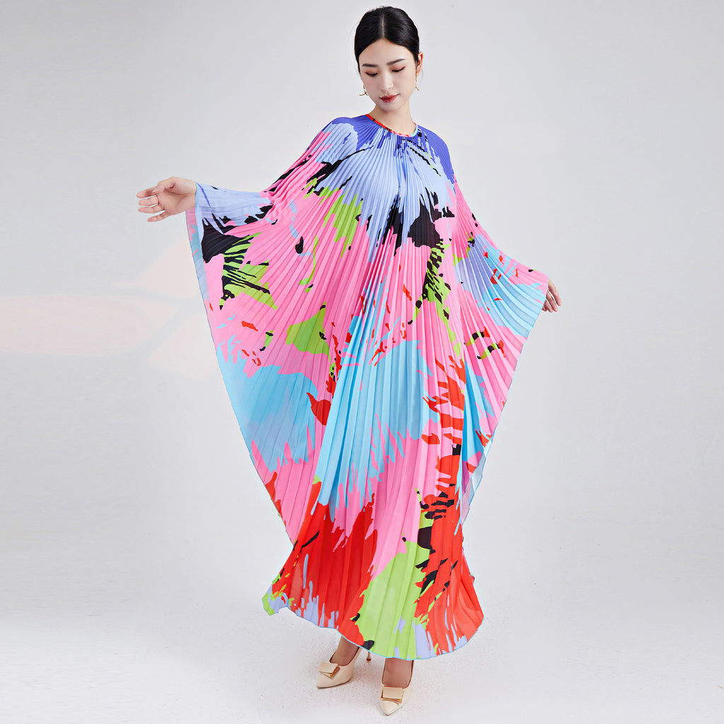 2025 2025 New large-size dress women's printing irregular loose high-end skirt vacation style pleated dress