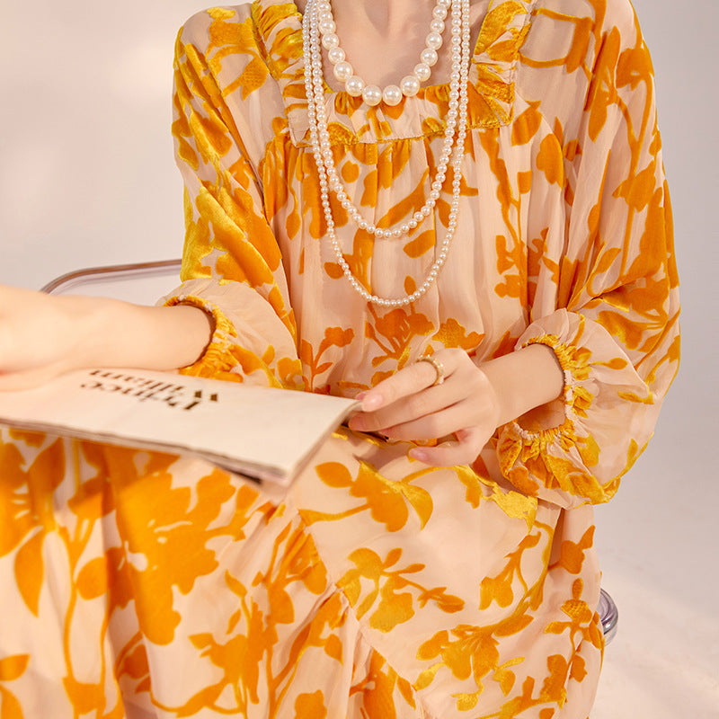 High-end new Chinese fashion lantern sleeves square neck fairy skirt spring and summer heavy industry burning mulberry silk dress N3052