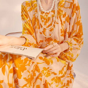 High-end new Chinese fashion lantern sleeves square neck fairy skirt spring and summer heavy industry burning mulberry silk dress N3052