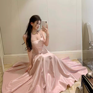 2025 Cold pink satin princess dress pure desire daughter suspender banquet birthday dress long skirt sexy dress
