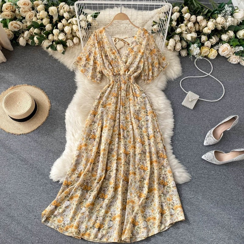 Seaside Holiday Dress Summer 2025 New Sexy V-neck Tight Waist Slimming Long Chiffon Floral Beach Dress