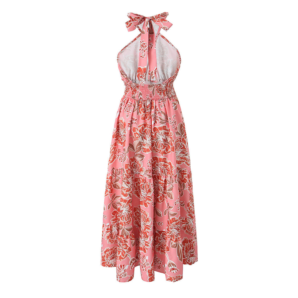 Europe and America Cross Border New Spring/Summer New  Hot Sale Sexy Backless Halter Strap Printing Dress