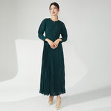 2025 Large size women's clothing dress temperament fashionable round neck long sleeve drawstring waist thin pleated long dress Popularan station