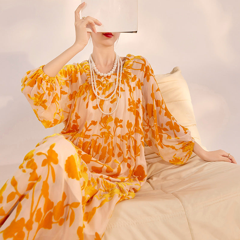 High-end new Chinese fashion lantern sleeves square neck fairy skirt spring and summer heavy industry burning mulberry silk dress N3052