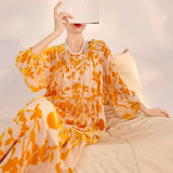 High-end new Chinese fashion lantern sleeves square neck fairy skirt spring and summer heavy industry burning mulberry silk dress N3052