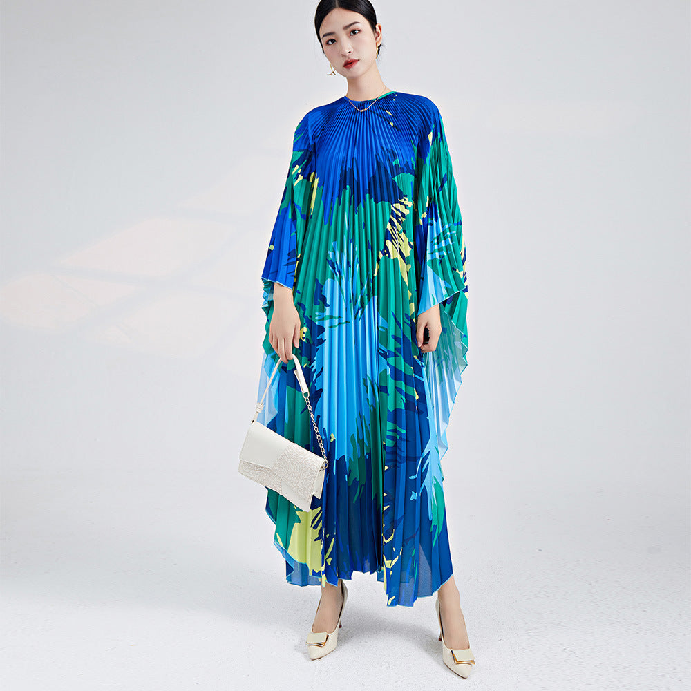 2025 2025 New large-size dress women's printing irregular loose high-end skirt vacation style pleated dress