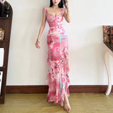 2025 style 2025 spring new women's clothing fresh and sweet pink flower print high split dress