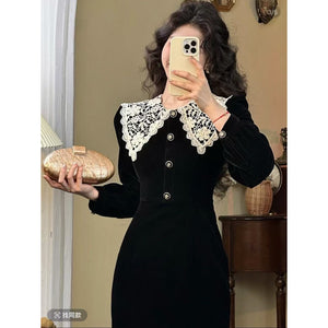 2025 Noble temperament mermaid Hepburn style black fishtail retro long-sleeved slim dress winter  spring dress