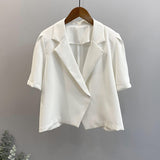 2025 summer short-sleeved suit retro pure bubble sleeve women's single-grain buckle loose Korean casual suit jacket 2140
