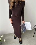 slim skirt women's pure desire style long-sleeved knitted elegant vacation style one-word shoulder open button skirt set