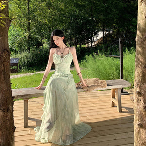 2025 holiday style mint green floral suspender dress women's summer lotus leaf edge waist design super fairy temperament long dress