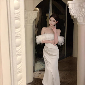 2025 Hepburn style  high-end one-word shoulder dress women's autumn and winter new feather satin tube top evening dress