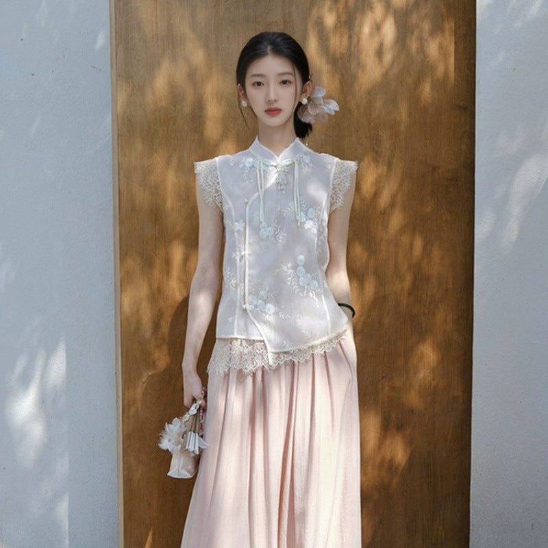 Summer women's clothing 2025 new elegant national style shirt new Chinese lace embroidered sleeveless high-end top N3113