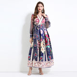 court style temperament retro V-neck mesh lantern sleeve strap waist design big pendulum printed dress