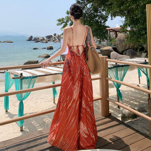 2025 Orange-toned retro tie-dye V-neck halter neck holiday dress is beautiful, super good-looking seaside beach dress