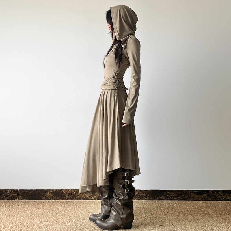 2025 style popular autumn new women's clothing fashion commuter belt decorative ruffle edge hooded dress