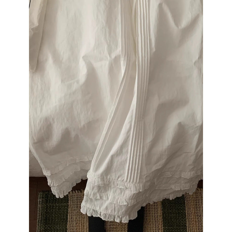 Elastic waist drawstring, medium and long skirt in pure cotton cloth, women's spring thin fungus edge A-shaped skirt, unique and beautiful skirt