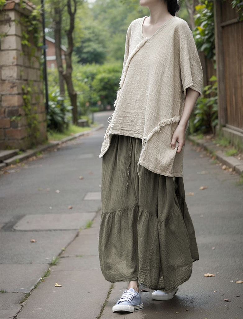 Shan Qian Nianyi, irregular and elegant medium and long skirt in summer, literary combed cotton single crepe refreshing lace-up skirt