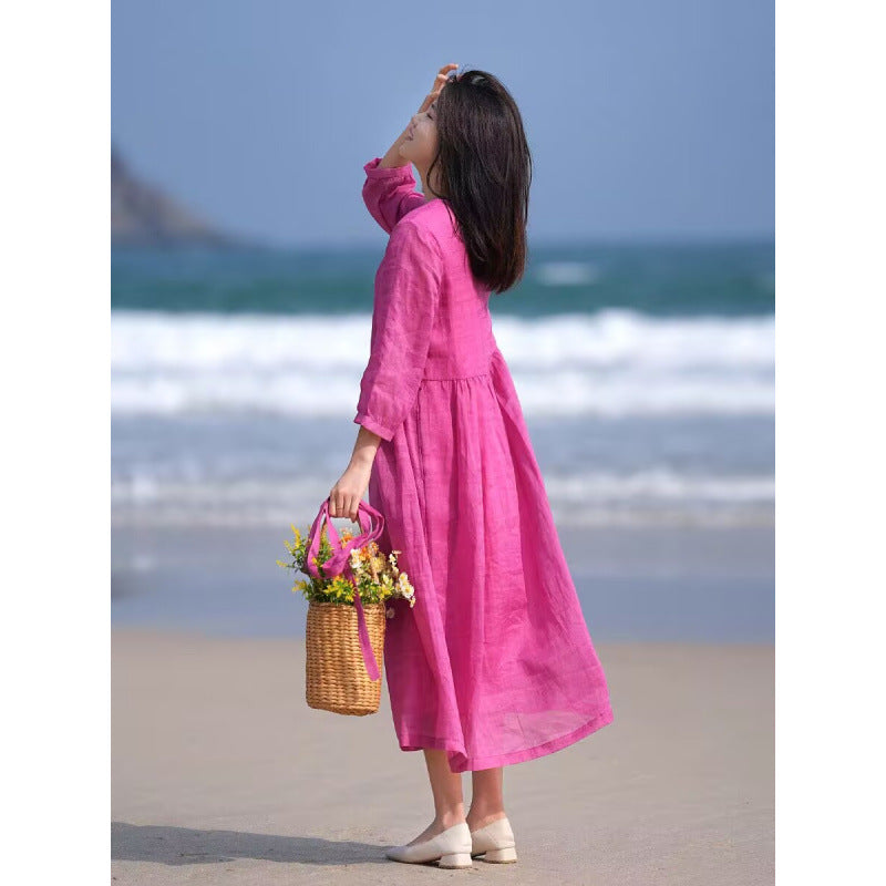 summer new literary and retro rose red loose large size lace-up and thin travel pendulum dress women