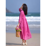 summer new literary and retro rose red loose large size lace-up and thin travel pendulum dress women