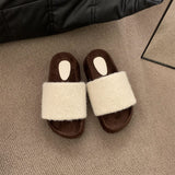 2025  Warm winter~ Mao Mao shoes women's heightened thick soles popular spring and autumn evening breeze soft soles one-word plush cotton slippers outer wear