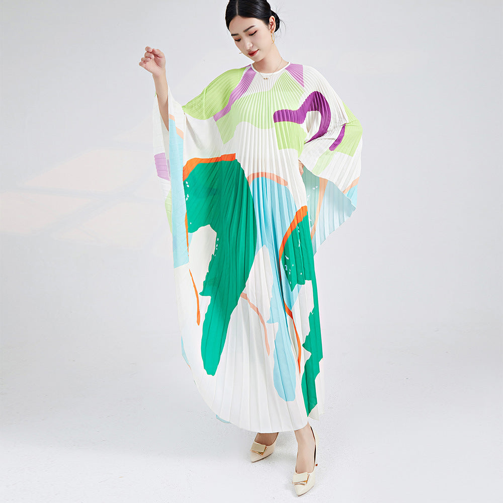 2025 2025 New large-size dress women's printing irregular loose high-end skirt vacation style pleated dress