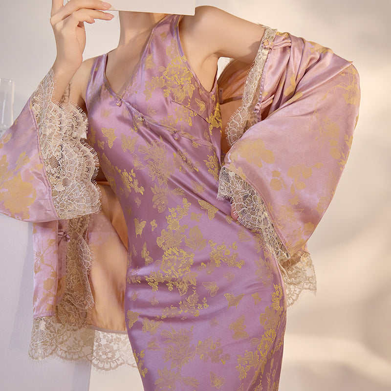 New national style new Chinese silk dress women's niche design temperament high-end V-neck long dress M5083