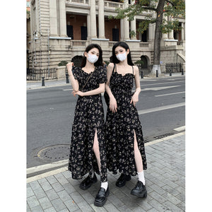 2025 summer new black floral dress women's high-end temperament coffee break skirt split suspender skirt long dress