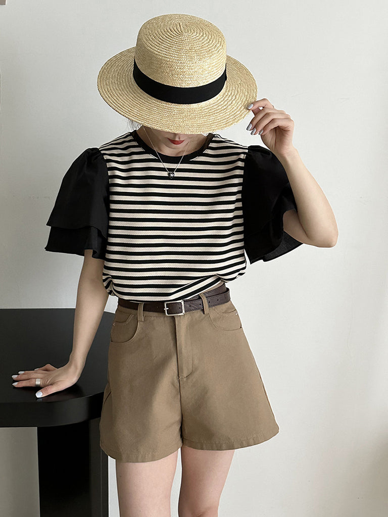 2025 popular summer Korean design sense flying sleeve splicing striped T-shirt  age-reducing loose shirt 5639