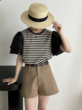 2025 popular summer Korean design sense flying sleeve splicing striped T-shirt  age-reducing loose shirt 5639