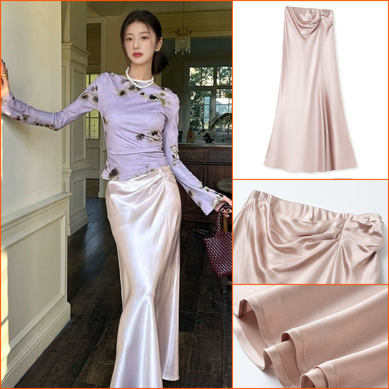 Spring new retro pinch pleated design sense acetic acid fishtail long skirt temperament advanced thin skirt women N1019