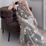 2025 popular summer new fashion high-end suspender dress heavy industry embroidery floral temperament neck long skirt