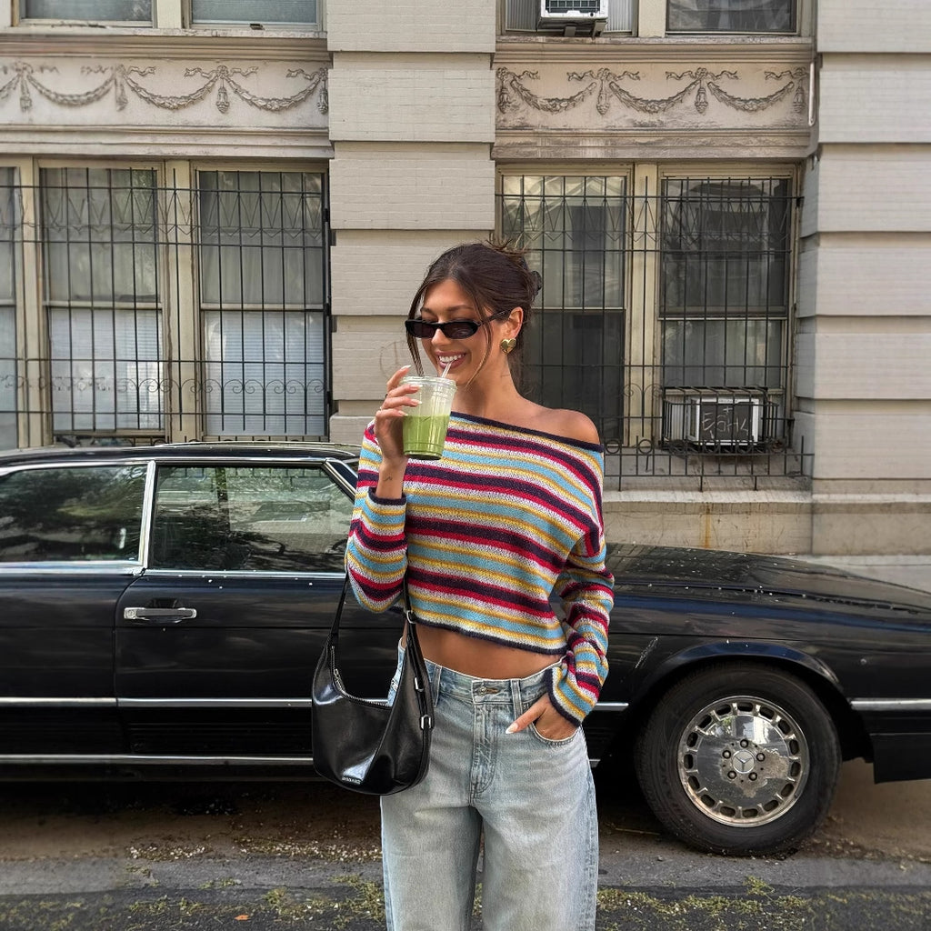 Rainbow stripes contrasting color design sweet knitted off-the-shoulder women's  autumn and winter new autumn atmosphere sweater women