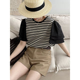 2025 popular summer Korean design sense flying sleeve splicing striped T-shirt  age-reducing loose shirt 5639