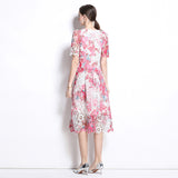 Temperament lace embroidery hollow set skirt women's  summer new round neck lace top skirt two-piece set